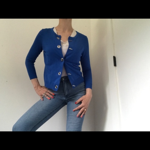 Premise 80’s Style Metal Rivet Closure Blue Nautical Cardigan Coastal Granny - Picture 4 of 16